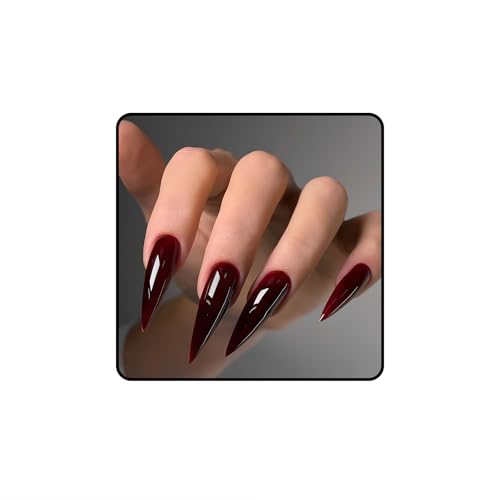 FrostyFlair Uñas Postizas, 24 Piezas Uñas Postizas Largas Stiletto de Gel Suave, Diseño Rojo Oscuro Uñas Artificiales, Uñas Brillantes Reutilizables para Pegar