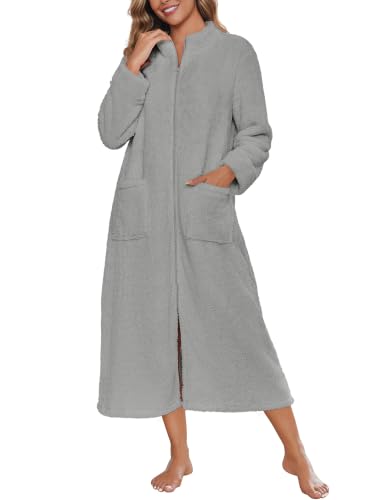 Image of Ekouaer Women Zip Up Robe Fleece Long Sleeves Soft Housecoat with Pockets