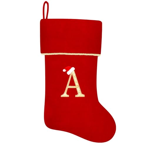 Subyan 20 Inches Initial Monogram Red Christmas Stocking, Personalized Large Embroidered Letter Velvet Christmas Stocking with Gold Trim Decoration for Family Christmas Holiday Party Decor(Letter A)