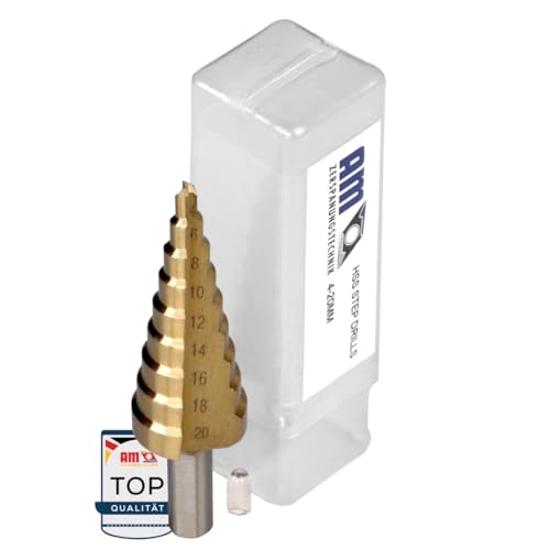 AM-Zerspanungstechnik HSS TiN Stufenbohrer 4-20mm | Kegelbohrer für Metall, Holz, Kunststoff | Schälbohrer | Blechschälbohrer | Stufenbohrer Metall Ø4-20 HSS-TiN
