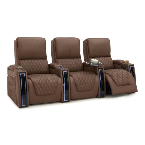 Image of Seatcraft Apex Tobacco Italian Leather Home Theater Seating, Zero Gravity Power Recliner Chair, Powered Headrest and Lumbar Gaming and Lounge Sofa Furniture for Cinema Room, Row of 3