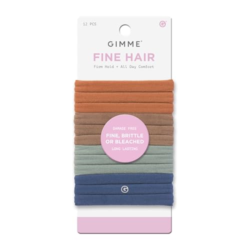 Gimme Beauty Fine Hair Elastic Bands - Slim-Fit Elastic Ties for Fine, Brittle, or Bleached Hair - No-Dent, Gentle-Grip Ponytail Holders for All-Day Comfort - 12 Pack, Assorted Colors