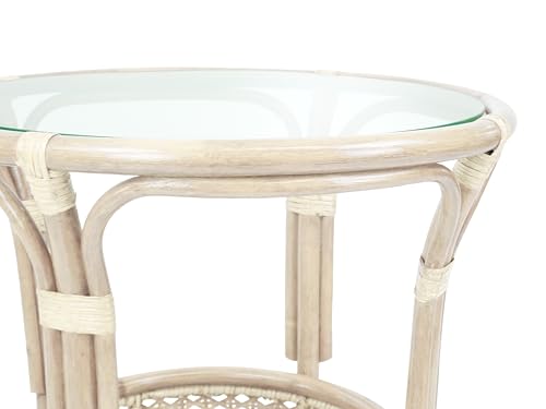 Pelangi Coffee Round Table White Color Handmade ECO Natural Rattan Wicker with Glass Top