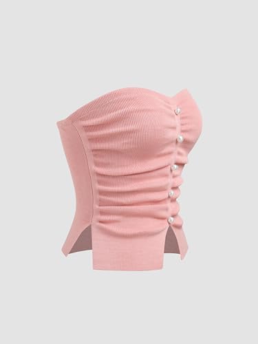 Image of CIDER Faux Pearl Tube Tops for Women Split Hem Knit Crop Y2K Going Out Tops | Cute Ruched Tops, Spring Summer Outfits, Vacation, Concert
