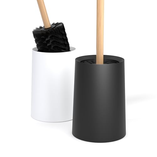 SAVEGA – Escobilla de baño con Mango de bambú y cerdas de Nailon – Cepillo WC XL 46 cm – Set Elegante con Soporte de plástico – Accesorio Moderno de baño (Negro)