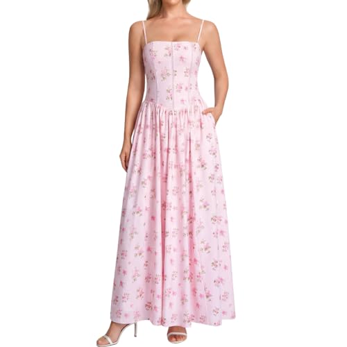 VKIHOC Women Floral Corset Maxi Dress Spaghetti Strap Lace Up Flowy A Line Wedding Guest Long Dress with Pockets