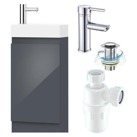 BELOFAY 400mm Grey Under Sink Bathroom Cabinet Floor Standing Storage Cupboard Basin vanity Unit, 400mm Laquered Cloakroom vanity unit with ceramic basin Cover