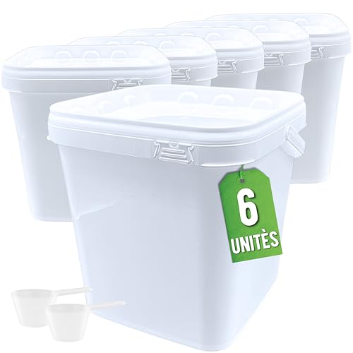 Üka • 6 Seaux en Polypropylène Blanc 5,4 L - 20x20x20,5 cm. Stockage en Plastique Dur avec Couvercle. Récipients Alimentaires Hermétiques. Seaux Vides...