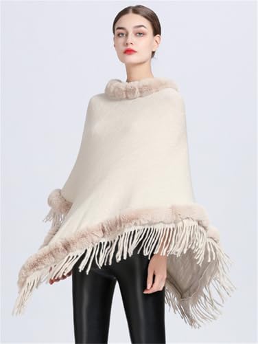 Women's Retro Knitted Shawl Wraps Trendy Tassel Pullover Poncho Cape Faux Fur Trim Sweater Coat Oversized Cloak3