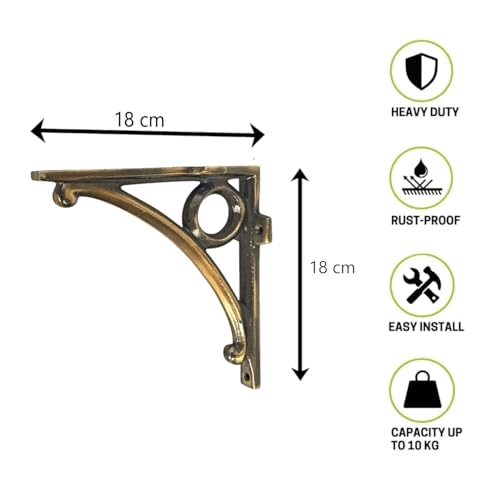 Image of Metal Handcrafted Shelf Bracket for Floating Shelves L Angle Decorative L Shaped Corner Brace Joint Heavy Duty Wall Mounted Shelf Supporter Corner Brace Holder (Brass Antique, Pack of 2)