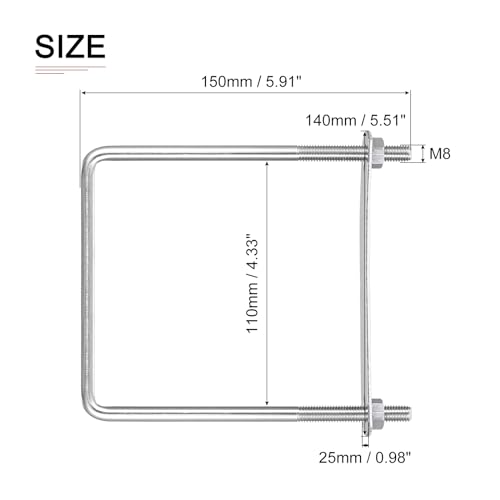 Image of DTGN M8x110x150mm(ThreadxWxL) Square U Bolt - 2Pack - Good for Trailer Pipe Replacement Parts - 304 Stainless Steel U Shape Bolts