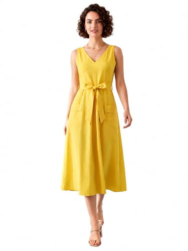 Image of PURVAJA Women's Fit & Flared Midi Length Sleeveless V-Neck Solid Dress
