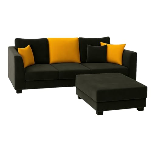 Image of SOCOZI Trevano 4 Seater L Shape Sofa Set with Movable Ottoman | Flexible Left or Right Layout | Soft Velvet Suede Fabric | Modern Design | Plush Comfort Cushions for Living Room (Black- Yellow)