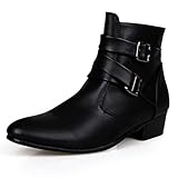 PURCHAWEE Men's Leather Pointed Toe Chelsea Boots,Buckle Straps Side Zipper Chunky Low Heel Western Formal Dress Boots Ankle Boots (10.5,Black,10.5)