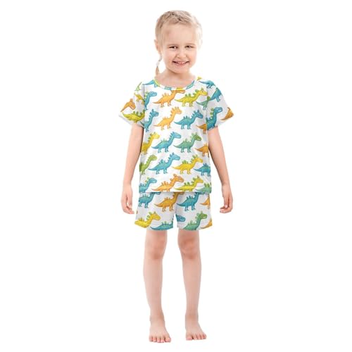 ALAZA Green Blue Animal Dinosaur Pajamas Short Sleeve 2 Piece Sleepwear Top and Bottom Pajama Set Unisex3