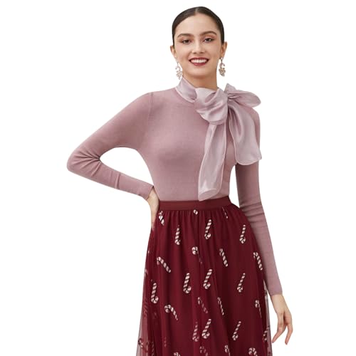 Image of CHICWISH Women Organza Bowknot Neck Knit Top Long Sleeve Elegant Slim Fitted Fall Casual Solid Pullover Tops