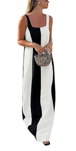 Image of CHARTOU Women Summer Sleeveless Linen Dress Contrast Color Maxi Long Beach Vacation Tank Dress