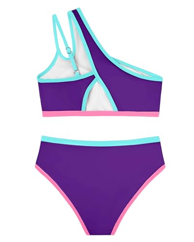 Image of Redair Girls Swimsuit Two Piece One Shoulder Bathing Suit with Chest Pad Color Block Bikini 7-16 Years