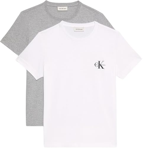 Calvin Klein Women’s 2 Pack Short Sleeve Round Neck Logo T-Shirts, Multicolor (Heroic Grey Heather/Brilliant WHI), M
