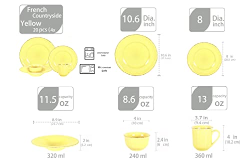Homevss, Stoneware French Countryside 20Pc Dinnerware Set, Speckled And Antique Yellow #TOP2