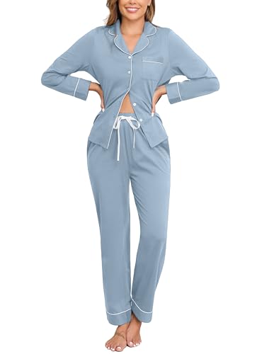 Image of Veseacky 100% Cotton Women's Pajama Set Long Sleeve Button Down Sleepwear Soft Pjs Lounge Sets Nightwear Pjs XS-XXL