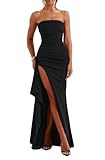 Zesoyne Womens Strapless Maxi Dress with Irregular Hem High Slit Ruched Elegant Evening Party Casual Long Dresses L Black