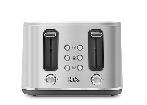 Morphy Richards Motive 4 Slice Toaster Browning Controls Reheat Cancel and Defrost Settings Bread Lever Removable Crumb Tray Electromagnet Cover 1600W Brushed Steel 242800