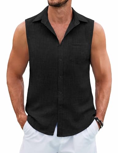 COOFANDY Men's Sleeveless Beach Shirts Summer Button Up Tank Tops Casual Textured Tank Shirt