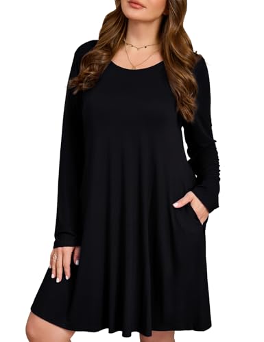 JollieLovin Women Long Sleeve Dress with Pockets Plus Size Swing Casual Loose Tshirt Dresses(2X,Black)