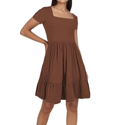 Vestido de mujer de manga corta, informal, vestido de manga larga elegante con cuello redondo Midi para primavera, vestidos sexyhot, curvy, para ceremonias, damas de honor, marrón, L