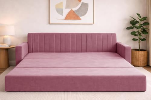 Image of Sofa-Cum-Bed | 3-Seater Foldable Sofa Cum Bed Armrest | Velvet Fabric Sofa for Living Room, Bedroom & Office-Rose Pink