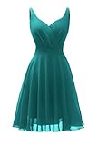 Dressever Summer Cocktail Dress V-Neck Adjustable Spaghetti Strap Chiffon Sundress Teal S
