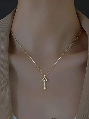 S925 Sterling Silver Plated 14K Necklace Antique Feeling Small Diamond Key Pendant Light Luxury Vintage Pendant2