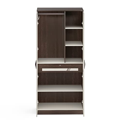 BLUEWUD Andrie Engineered Wood 2 Door Wardrobe/Clothes Storage Rack Organizer Almirah Cupboard, 6 Shelves & 1 Drawer with Lock for Bedroom Home Furniture (with Mirror, Wenge & White)