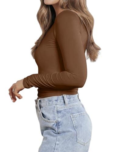 PINKMSTYLE Sexy Lace Tops for Women Going Out V Neck Double Layer Long Sleeve Tops Chocolate Brown Fall Clothes Chocolate Brown Small — view 4
