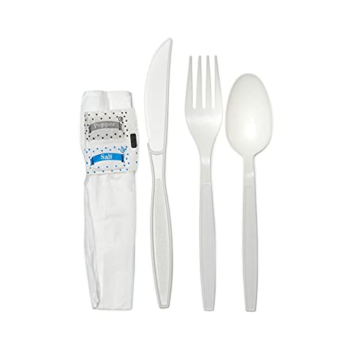 Disposable Individually Wrapped White Plastic Cutlery Kit - Heavy Duty Fork Spoon Knife Napkin Salt Pepper Set - 6 in 1 Meal Kit, Plastic Silverware, Utensil Set To Go, Catering Restaurants (100)