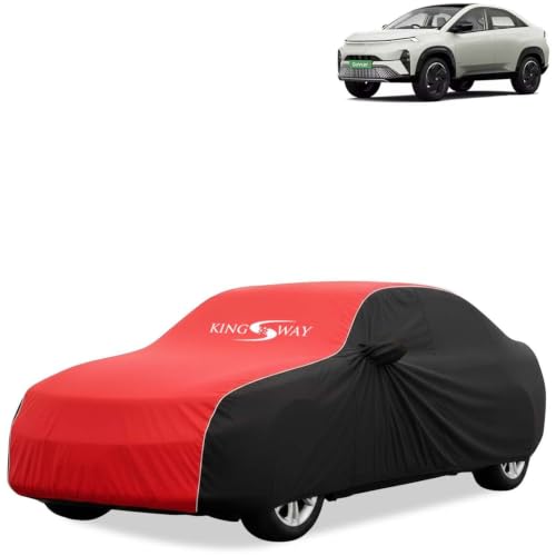 Image of KINGSWAY Super Waterproof Car Cover Only with Tata Curvv EV (Year 2024 Onwards - All Model) | Mirror and Antenna Pockets | All Weather Car Body Cover with Silver Piping | Black Red