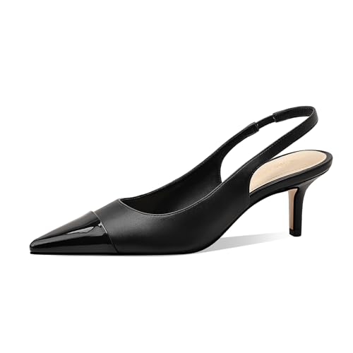Image of Women's Kitten Heel Slingback Pointed Closed Toe Pumps Dress Shoes for Women Low Stiletto Heels for Women Comfy Dressy Heels