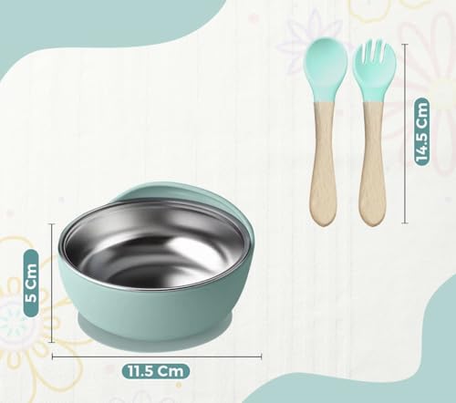Image of NYALA Stainless Steel Toddler Plates Silicone Suction, Non-Slip Baby Plates BPA Free,Unbreakable Dishwasher Safe (Pista Green, Bowl)
