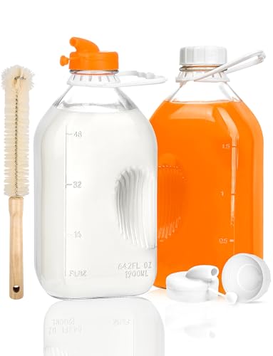 KMIGRUAN 2QT Heavy Duty Glass Milk Bottle with Lid,2Pack 64oz Glass Milk Jug with Reusable Airtight Screw Lid,Bottles for Juice,Water,Oat or Plant Milks