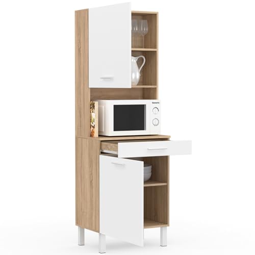 IDMarket - Buffet de Cuisine 60 CM CINA 2 Portes + tiroir façon hêtre et Blanc