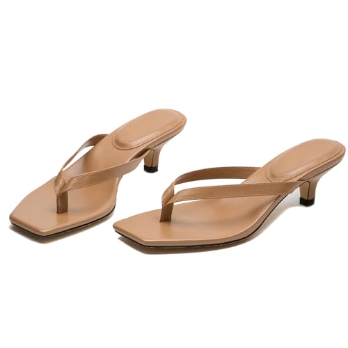 Women Flip-Flops Mules Kitten Heels Square Toe Thong Sandals Matte Comfy 1 inch Low Heel Slippers T-Straps Open Toe Outdoor Beach Summer Slip On Sandal Heels Basic Chic 4-11 M US