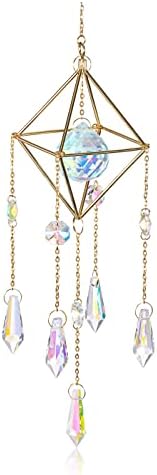 JOVIVI Crystal Windchime Suncatcher Window Hanging Ornament AB Coating Gold Rhombus Shape Rainbow Suncatcher Crystal Ball Prism Drops Pendant Chirstmas Wedding Home Garden Outdoor Decoration Gift