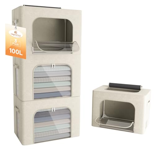 Image of 100L Large Capacity Clothes Storage Bag Organizer 3 Pack with Frame Oxford Fabric for Comforters, Blankets, Quilt, Stackable Foldable Closet Storage Containers with Zipper, Clear Window -Creamy Yellow