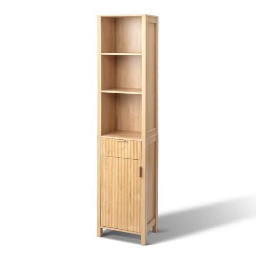 Bonnlo Tall Bathroom Floor Cabinet,Grille Slim Freestanding Bathroom Cabinet, Narrow Cupboard 1 Door,1 Drawer &3 Adjustable Shelves,Oak Bathroom Storage Organizer for Bathroom,39 * 29.5 * 173cm