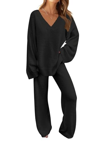 TECREW Women's Fuzzy Fleece Lounge Sets 2 Piece Outfits Long Sleeve Top Wide Leg Pants Pajama Sets