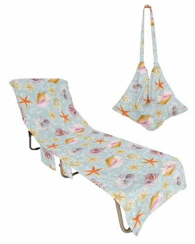 Shell Starfish Beach Chair Towel Covers for Chaise Lounge with Side Pocket, Soft Plush Pool Towels Cover for Patio Sunbathing Outdoor 29''x85'' Vintage Pearl Summer Sea Watercolor Coastal