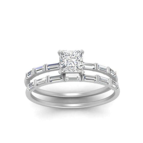 Gemsonclick Baguette Wedding Band Sets Sterling Silver Created Cubic Zircon Princess Shape White Color Wedding Ring Sets Prong Setting In Size 8 Minimal Surprise Gifts For Ladies #TOP1