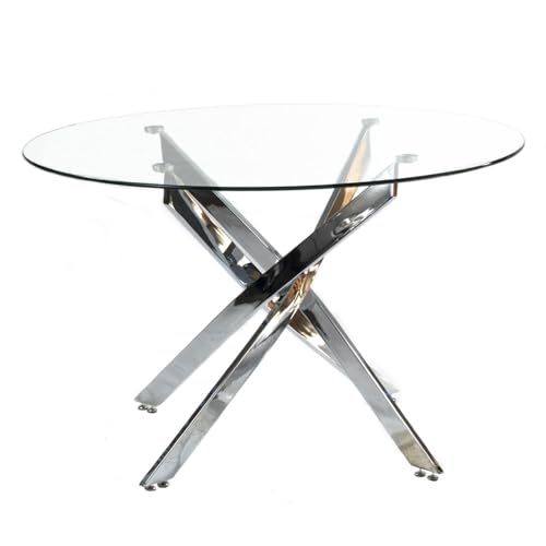Leone Living- Tavolo da pranzo Glam con gambe metalliche cromate che si intersecano tra loro e top rotondo in vetro temperato.