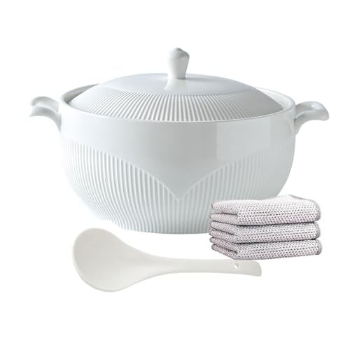 YLME White Tureen with 2 Handles, Japanese Style Kitchen Ceramic Serving Soup Bowls with Lid Ceramic Spoon Porcelain Microwave for Restaurant Home Kitchen,3000ml/2.72qt